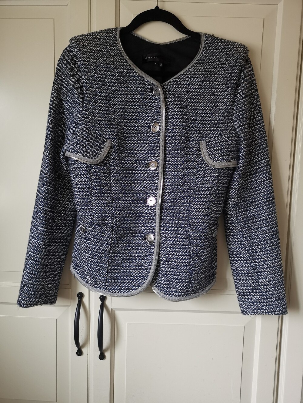 Theyskens' Theory Blue Tweed Silk & Leather Trim Jacket Size M (Jezir)